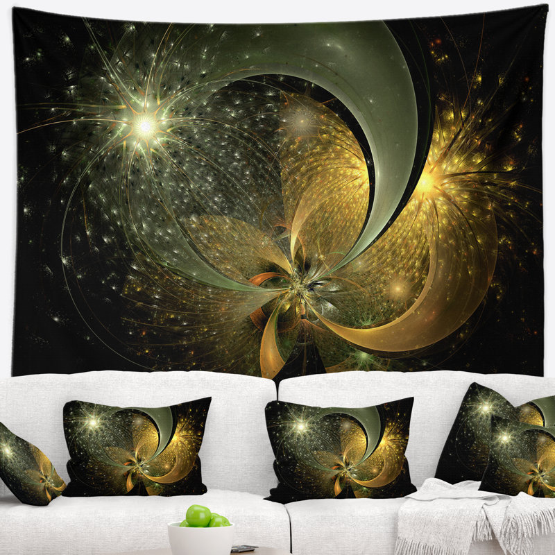 Fleur dorée florale avec tapisserie étoile argenté, H 50 po x l 60 po