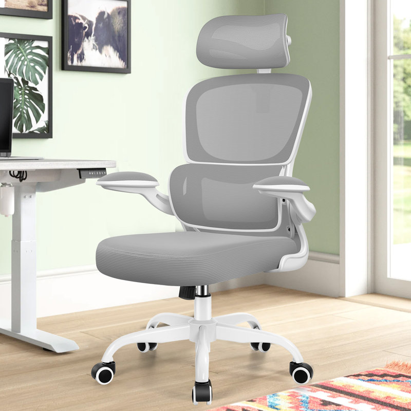 Lidwien Ergonomic Breathable Mesh Office Chair with Adjustable Headrest and Flip-Up Arms, White/LightGray