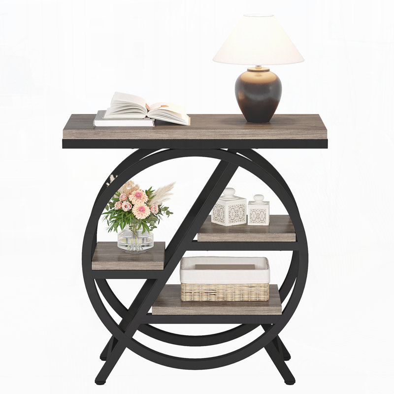 Table de bout étroite à 3 niveaux 25,59 pouces avec rangement, Brun rustique