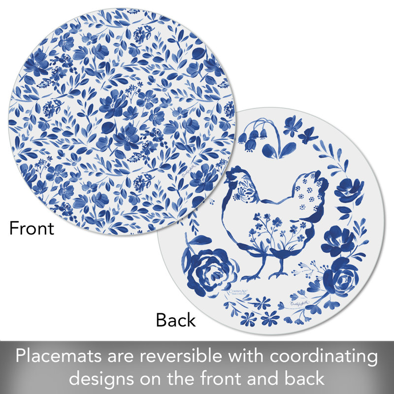 Ensemble de 4 napperons réversibles peints fleurs bleues faciles d'entretien