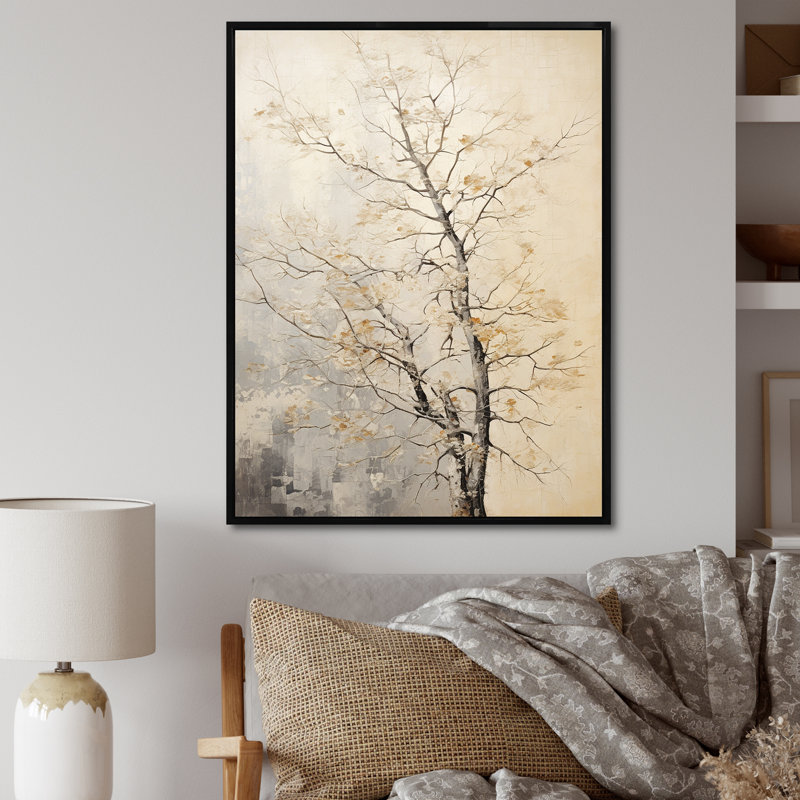 Chêne beige arbres solitude I - grand art mural chêne, 44" H x 34" W, Cadre flottant noir