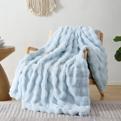 Faux Fur Throw Blanket for Couch Rabbit Fleece - Light Blue Fluffy Blanket for Sofa Bedroom Living Room, Cozy Soft Plush Luxury Thick Winter Fuzzy Comfy Bubble Blanket - 60" x 80"