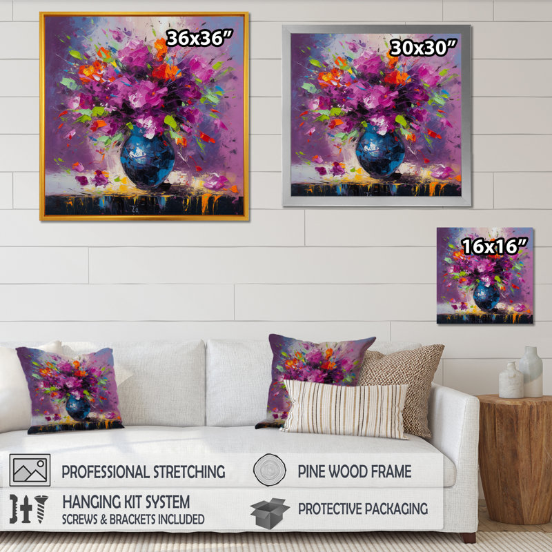 Fleurs mauves vives dans un vase noir - impression, H 30 po x l 30 po x P 1 po, Cadre flottant noir