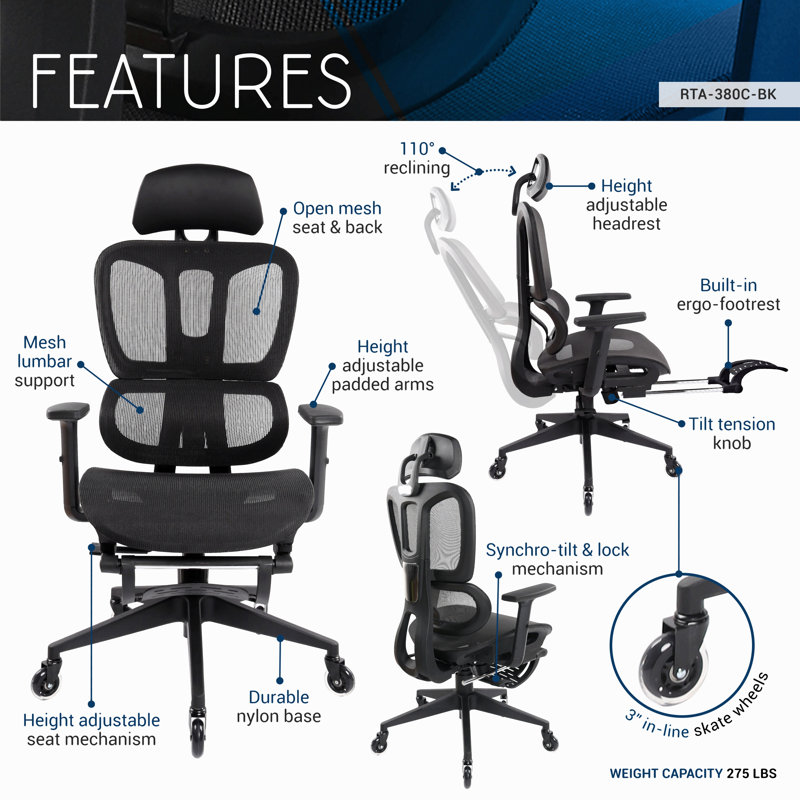 Chaise de bureau ergonomique en maille inclinable avec support lombaire et repose-pieds Ultimate
