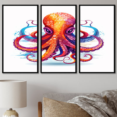 Ravenous red Octopus aquarelle - ensemble de salon art mural poulpe / calmar