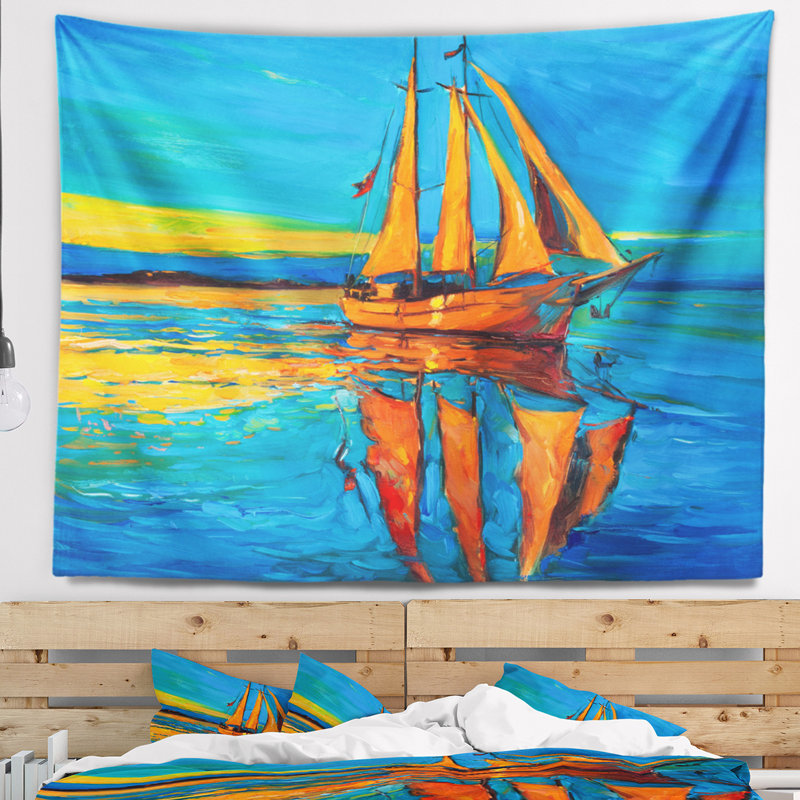 Seascape brown tapisserie de bateau à voile, H 32 po x l 39 po