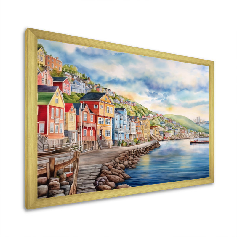Terre-Neuve côtière rétro I sur toile, Encadrement doré, H 16 po x l 32 po x P 1 po