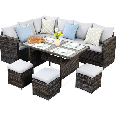 Table de patio avec 7 coussins gris Pe