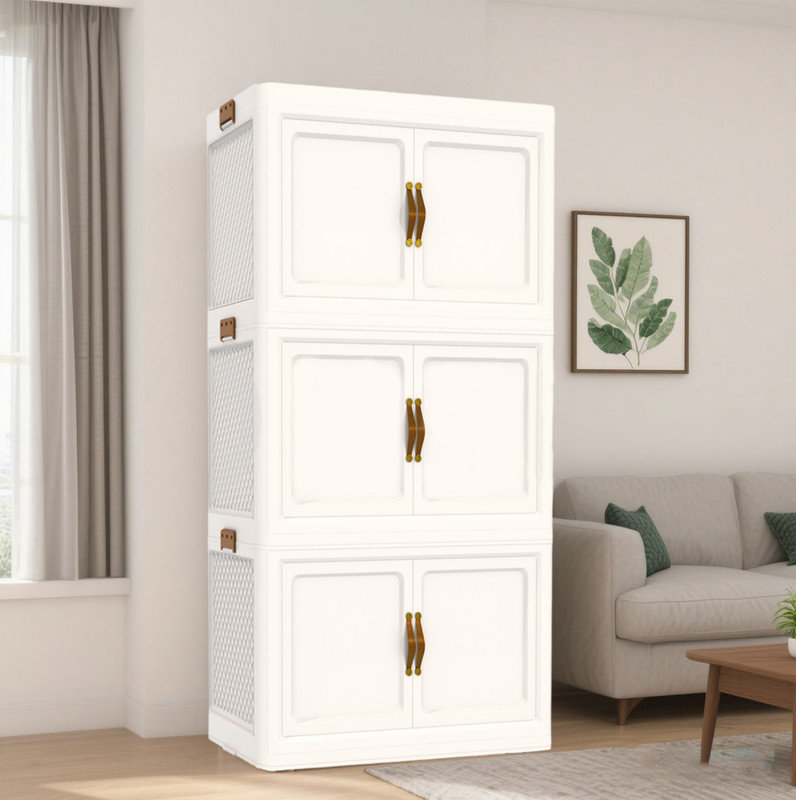 Bac de rangement pliable empilable 120QT blanc avec couvercle et porte - Organisateur avant ouvert pour les vêtements de chambre à coucher