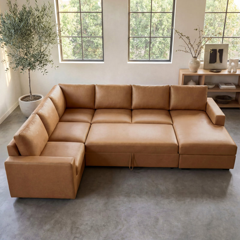 Abramson U-Shaped Faux Leather Sectional Pull-Out Sofa Bed with Storage Chaise