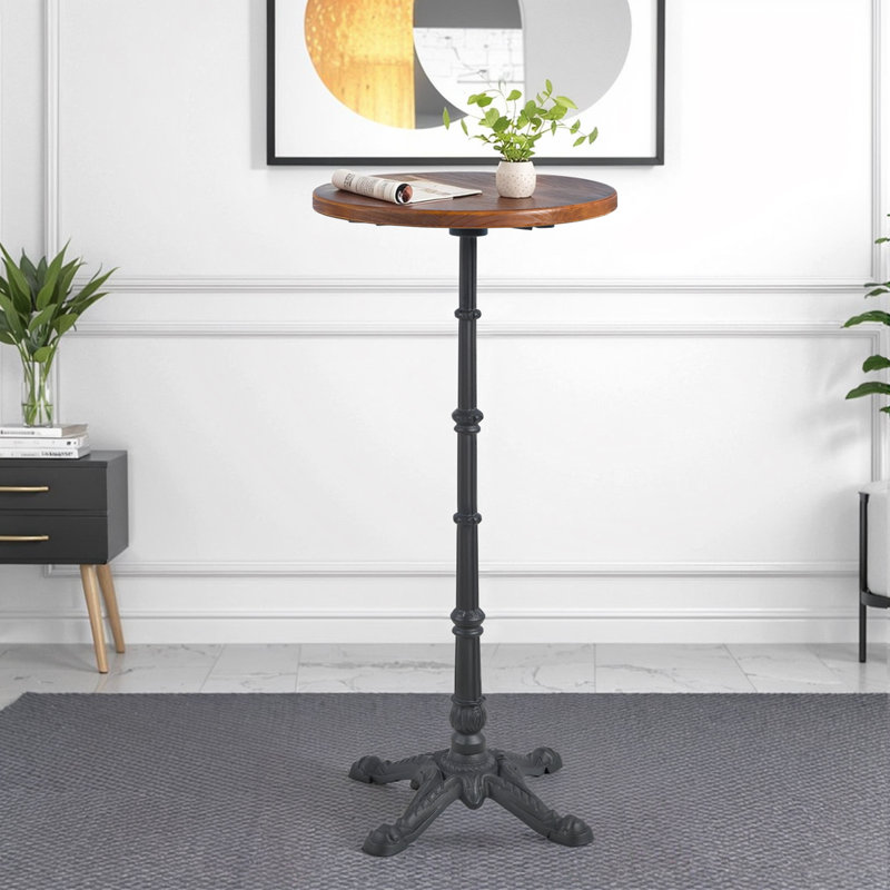 Pine Round Solid Wood Top Metal Base Dining Table, Brown, Dark Gray
