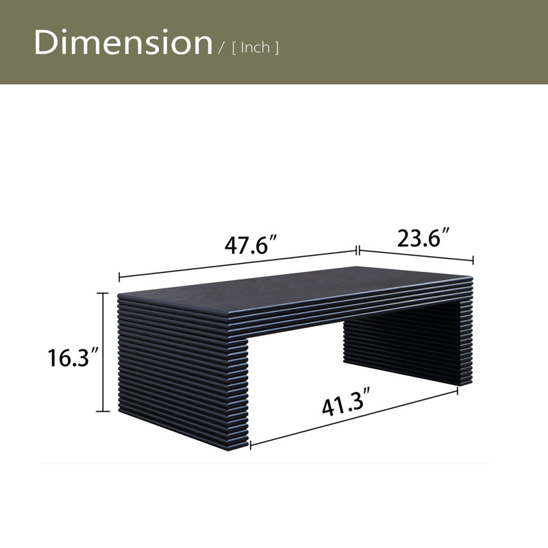 47.6" Modern Black Ribbed Coffee Table – Rectangular Low Profile Center Table