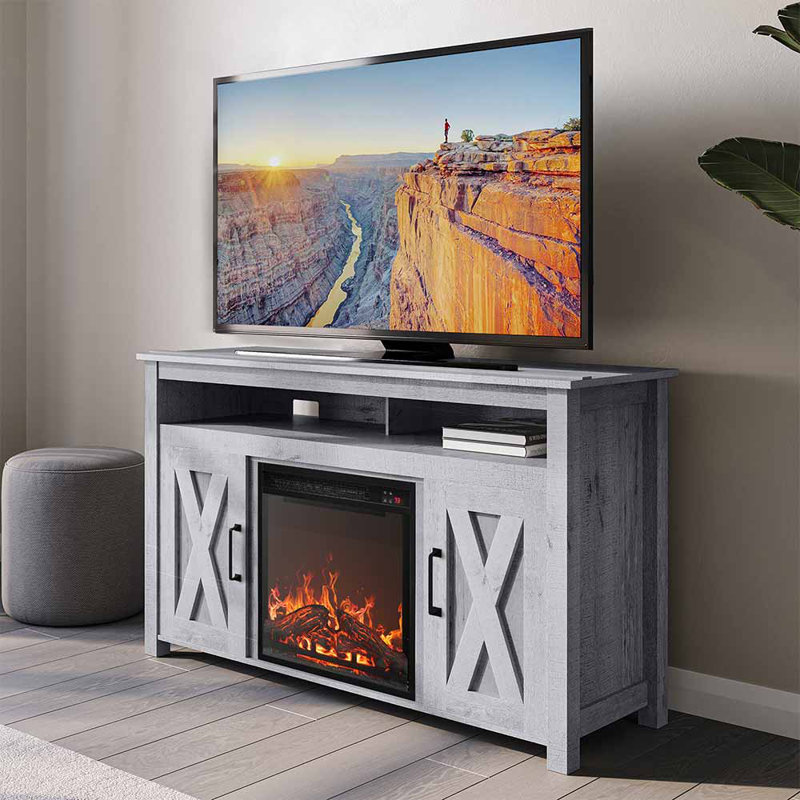 Meuble télé 48 po avec foyer électrique et foyer multimédia 18 po Pizano, Gris clair