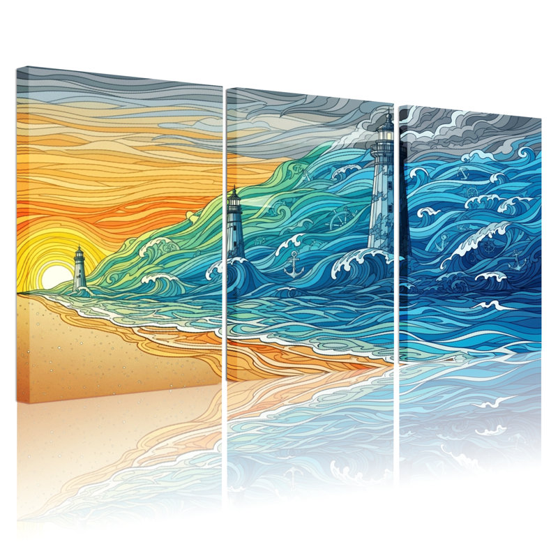 Nautique et plage, océan, vagues, coucher de soleil, phare, plage, ciel, ensemble de 3 reproductions d'art sur toile