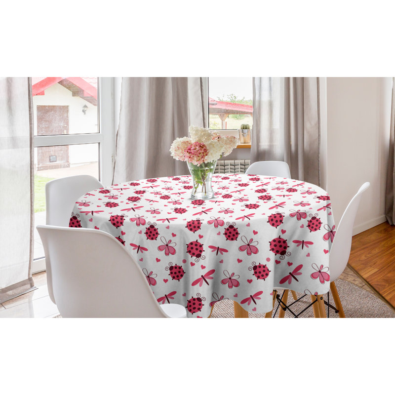 Ambesonne Ladybugs Round Tablecloth, Domed Back Round Ladybugs With Hearts Flowers Dragonflies Romantic Wings Pattern, Circle Table Cloth Cover For Dining Room Kitchen Decoration, 60", Red White