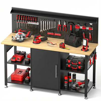 60 Inch Heavy Duty Workbench with Storage Cabinet, Solid Wood Top, 2000 lbs Capacity, Garage Work Table with Pegboard, Power Outlet, Wheels or Levelling Feet