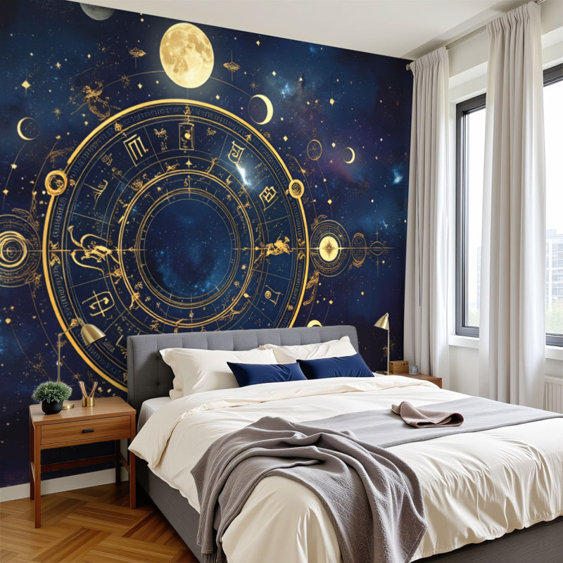 Papier peint adhésif auto-adhésif moderne l 96 po x H 69 po pour chambre à coucher Roue du zodiaque doré Nébuleuse cosmique de l'espace