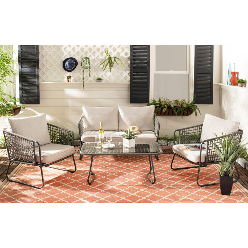 4 Piece Rattan Sofa Seating Group with Cushions, Beige