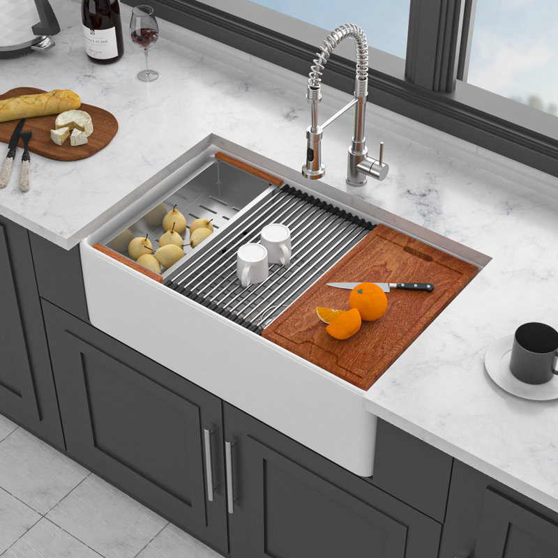 Station de travail blanche pour évier de cuisine - 33 po x 20 po x 10 po en porcelaine blanche
