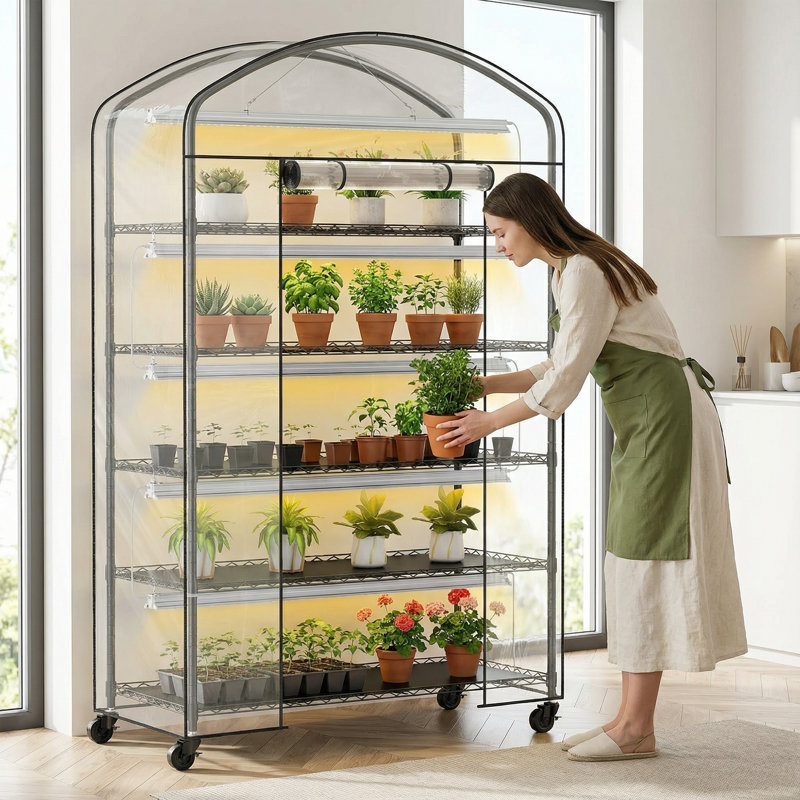 Abimars 5-Tier Portable Greenhouse with Grow Light and Wheels, 80" H x 49" W x 21" D