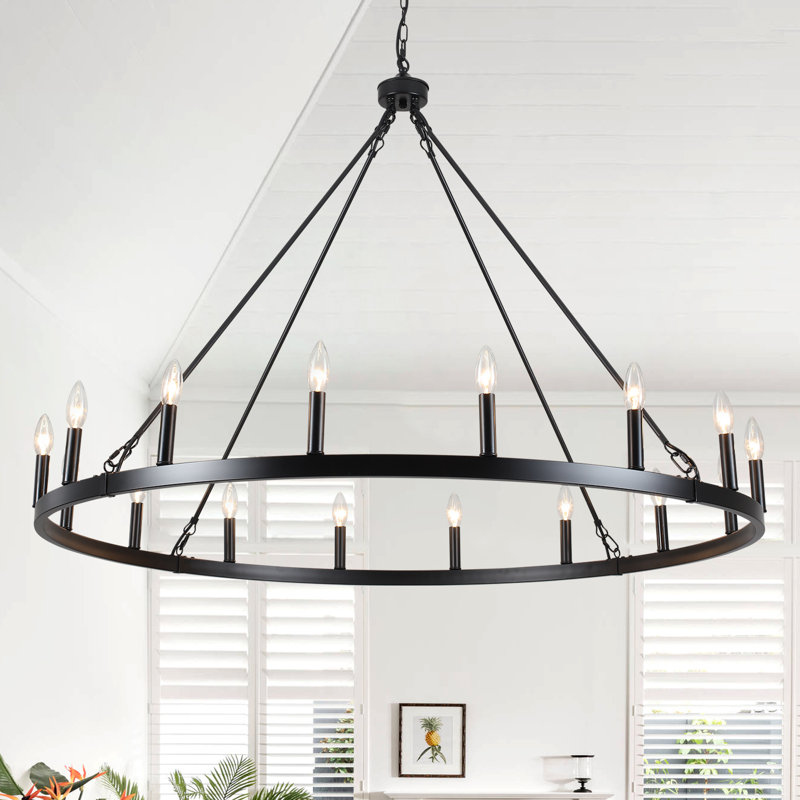 Moomal Candle Style Dimmable Wagon Wheel Chandelier, Black, 16