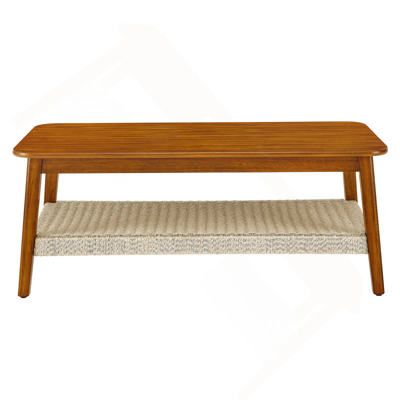 Mid-Century Rectangle Coffee Table with Woven Shelf