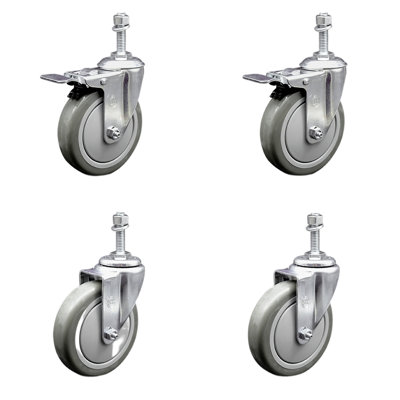 5 Inch SS Gray Polyurethane 3/8 Inch Threaded Stem Caster Set 2 Total Lock Brake
