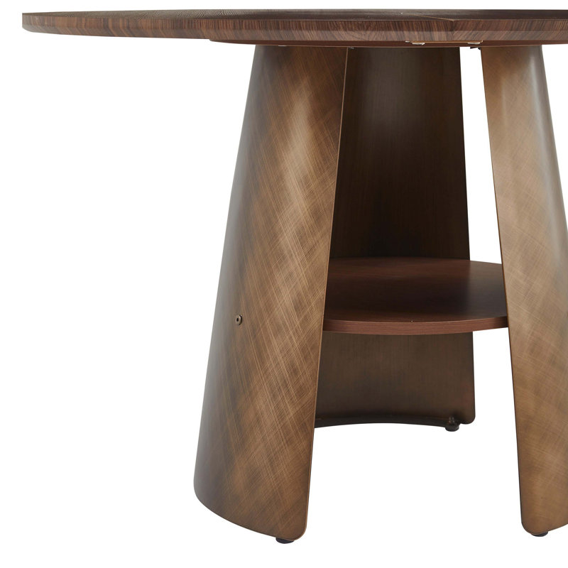 47.25 Inch Retro Brushed Texture Round Dining Table, Walnut Wood MDF Top Bronze Metal Frame For 4-6 People