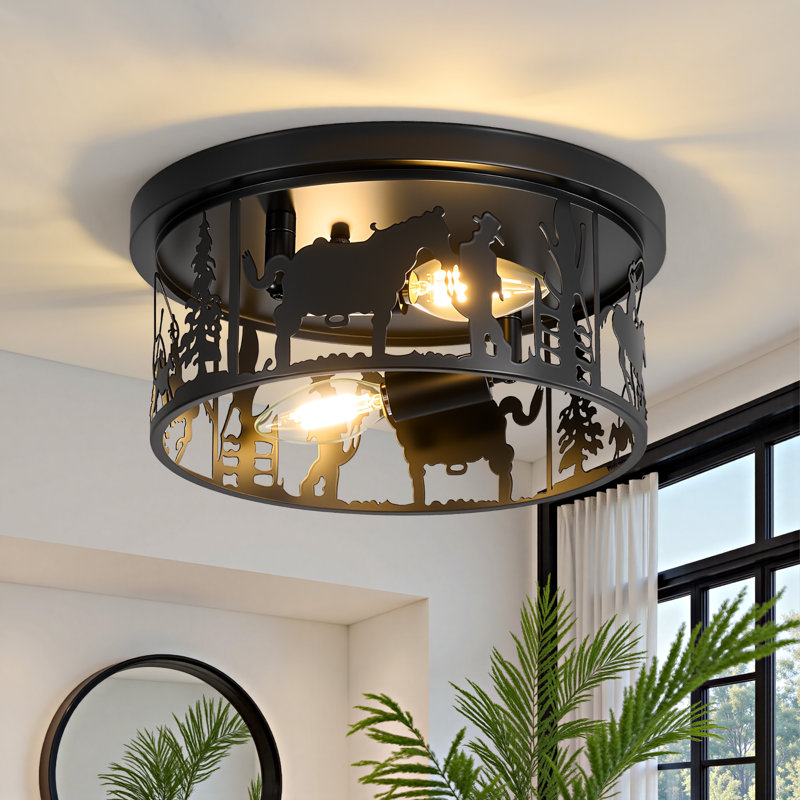 11.2-In 2 - Light Farmhouse Semi Flush Mount With Cowboy Horse Round Shade, Matte Black