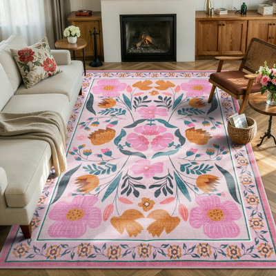 Kaidi Vintage Floral Washable Area Rug with Non-Slip Backing, Soft Botanical Farmhouse Rug for Living Room, Bedroom, Dining Room