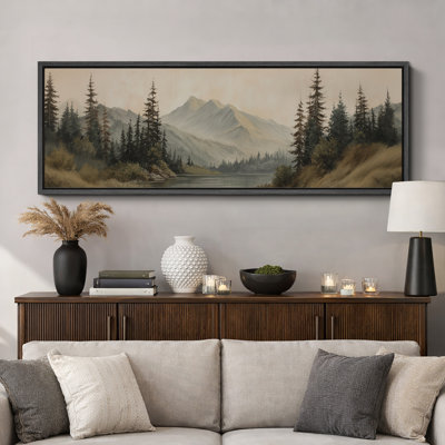 Misty Mountain Lake with Pine Forest - Pictures Extra Large Framed Canvas Print Wall Art