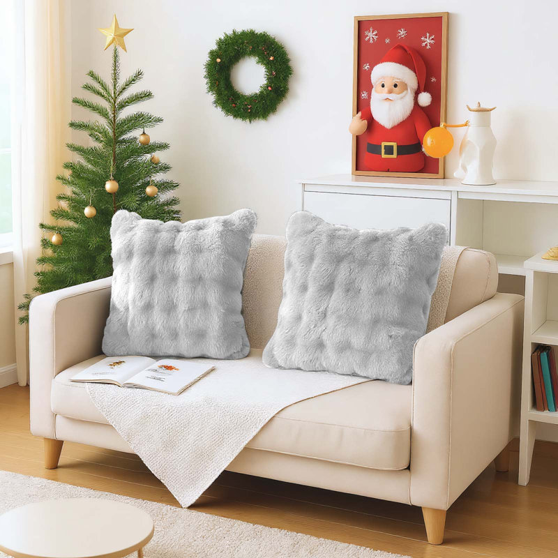 Ensemble de 2 housses de coussin en fausse fourrure de lapin 18 po x 18 po pour canapé et lit, Gris clair