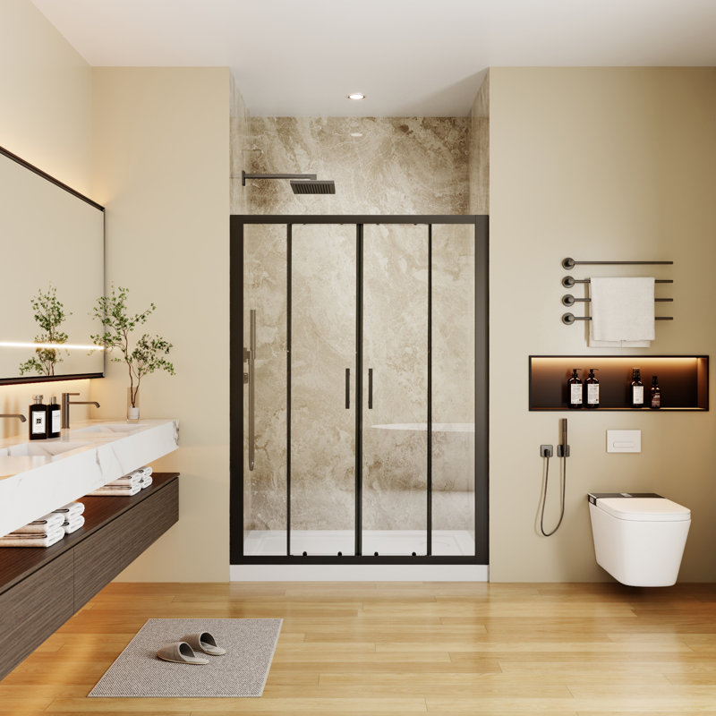 Porte de douche coulissante double encadrée avec verre trempé de 1/4 po de 50 po à l 54 po x H 70 po, Noir mat