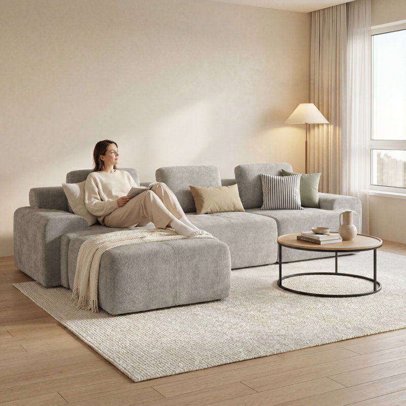 122" Wide Sectional Compression Sofa With Modular Seating Plush Cushions & Ottoman, Light Gray Polyester