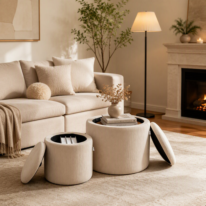 Ensemble de 2 tabourets de rangement en velours côtelé, repose-pieds avec couvercle en bois amovible et espace de rangement caché