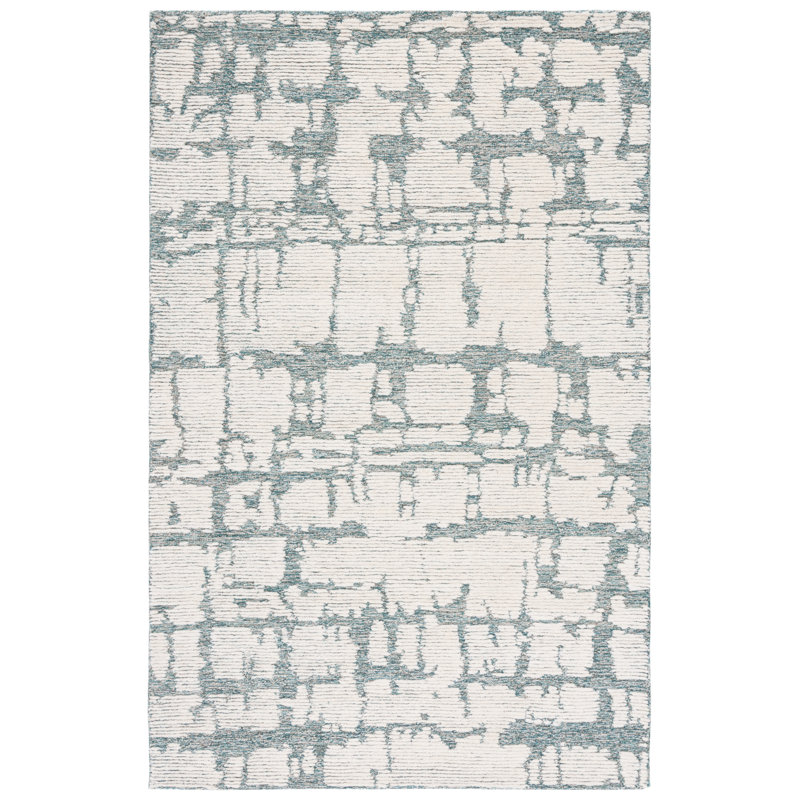 Martha Stewart Hand Tufted Wool/Cotton Abstract Rug in Teal/Ivory, Round 4'