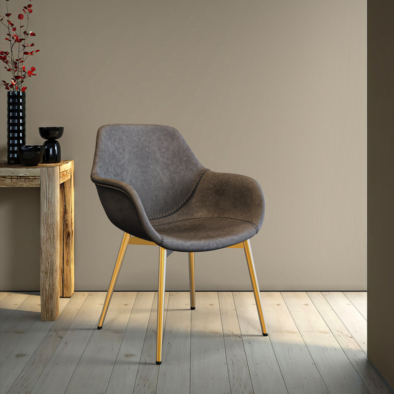Matthew Leather Dining Chair, Modern Mid Century Accent Chair with Armrests and Iron Legs, Faux Leather Upholstered Kitchen Desk Chair for Dining Room, Living Room, Office Furniture