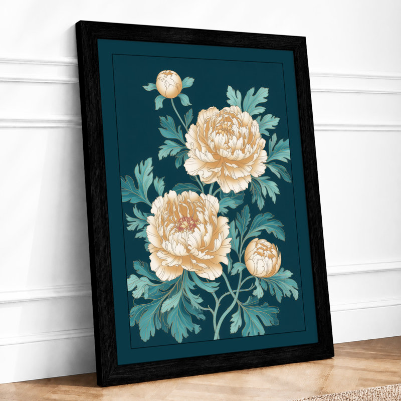 Peonies In Teal Botanical - Print, A1 - 84.1 x 59.4 cm, Black