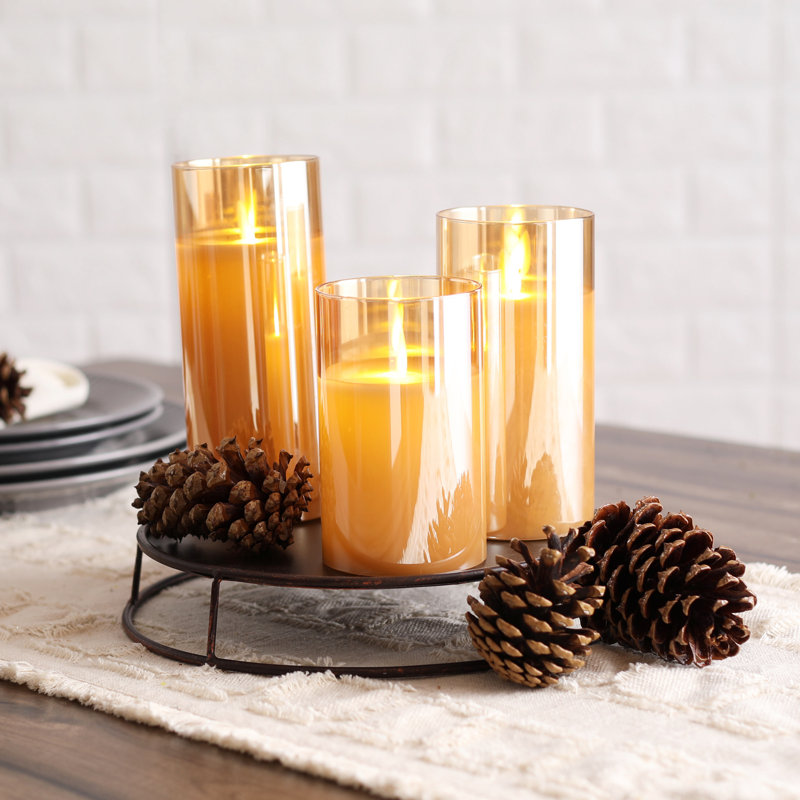 Moving Flameless LED Amber Glass Pillar Candles with Remote- Set of 3
