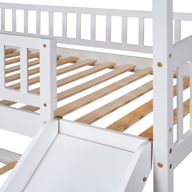 Lit superposé simple au-dessus d'un lit simple avec glissade - Bois massif, blanc, peu encombrant, maisonnette