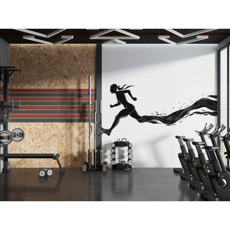 Murale de coureuse, papier peint de gymnastique, autocollant noir silhouette de course, décor de salle d'entraînement de studio d'entraînement 610MV