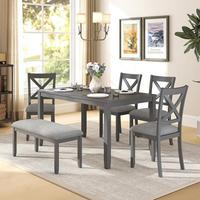 Dining Table Set for 6, 6-Piece Kitchen Table & Chair Set, Includes 1 Table, 4 Upholstered Chairs & 1 Bench, X-shaped Backrest, by Gracie Oaks