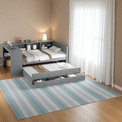 Wood Day Bed Frame With Storage Drawers And Side Shelves, Daybed With Desk, No Spring Box Needed