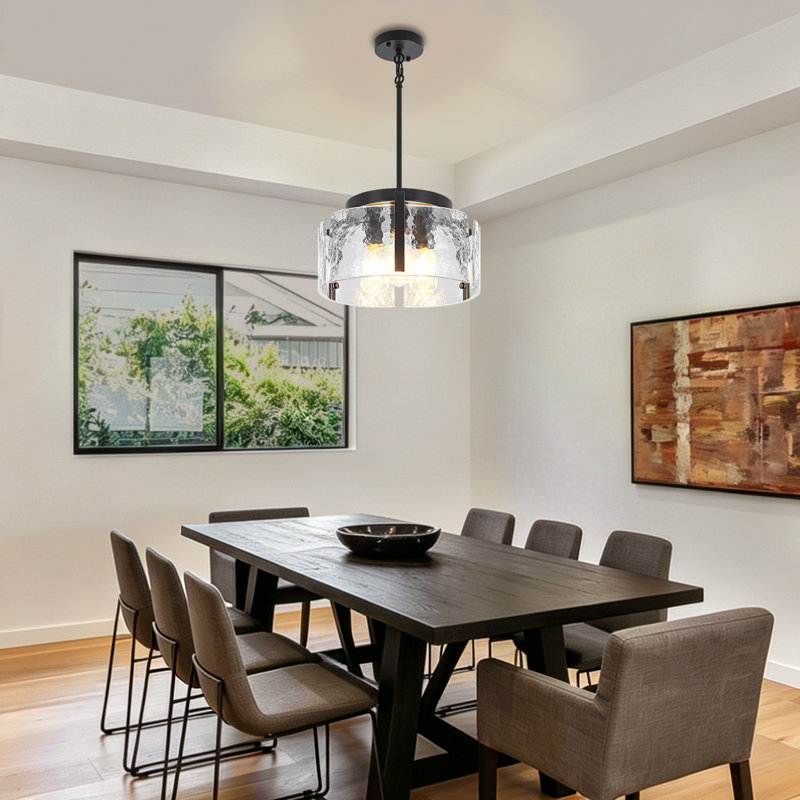 Lustre tambour 3 lumières Bora avec abat-jour en verre martelé transparent, luminaire suspendu de style campagne moderne réglable pour la salle à manger, îlot de cuisine
