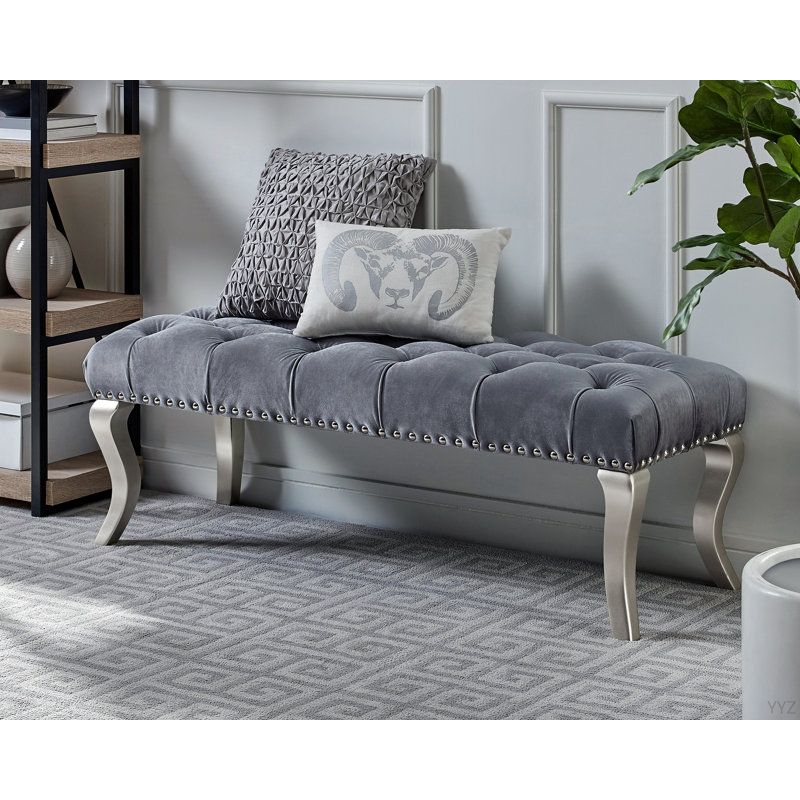 Decor Maxem Tufted Fabric Upholstered Bench Nailhead Trim , Grey