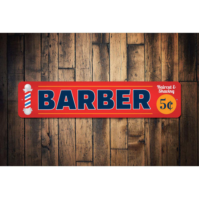 Enseigne en métal Barber Shop, H 6 po x l 24 po x P 0,06 po