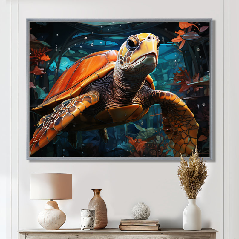 Turtle Journey Floral Geometric - Tortue, art mural sur toile, H 24 po x l 32 po x P 1 po, Encadrement argenté