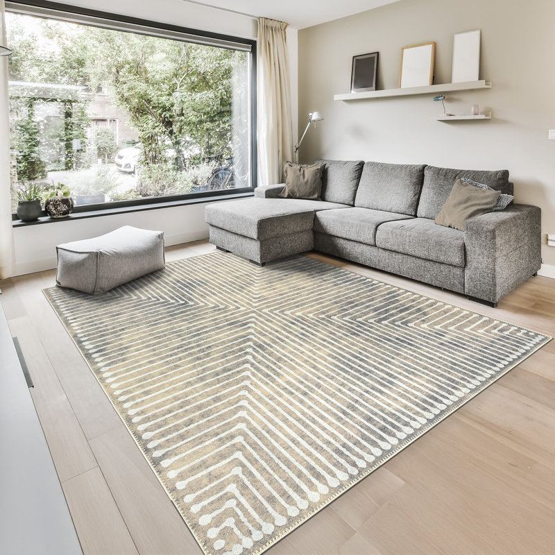 GLN Rugs Contemporary Collection - Machine Washable Modern Area Rug, Contemporary Washable Rug, Non Slip Area Rug, Abstract Living Room Rug, Bedroom Rug, Bathroom Rug (Beige Rug)