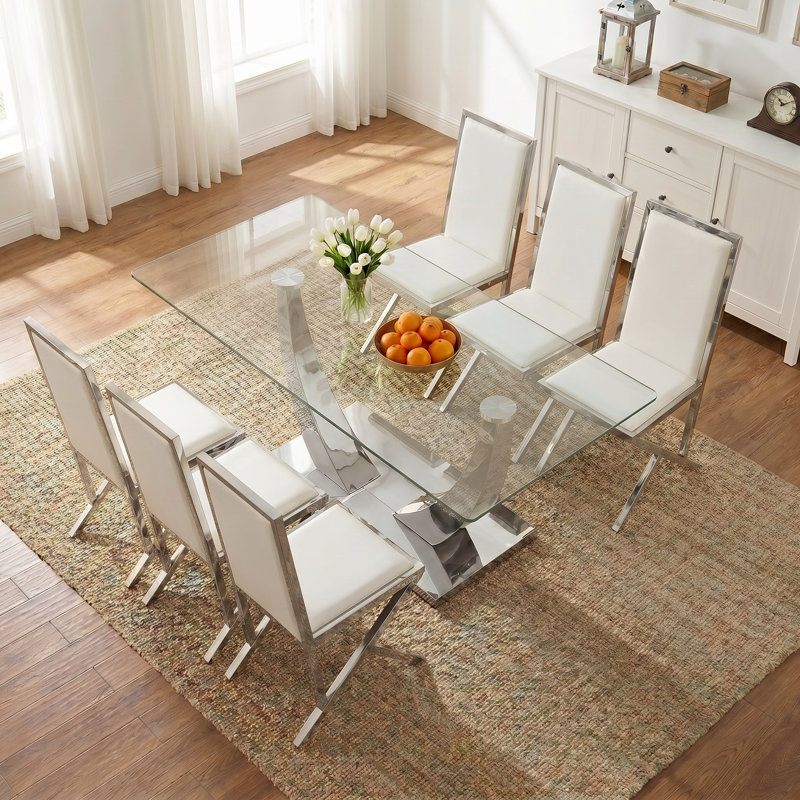 Rita 7-Piece Modern 75" Rectangular Tempered Glass Dining Set, 7 Pieces: Table, 6 Chairs, Silver, White/Silver