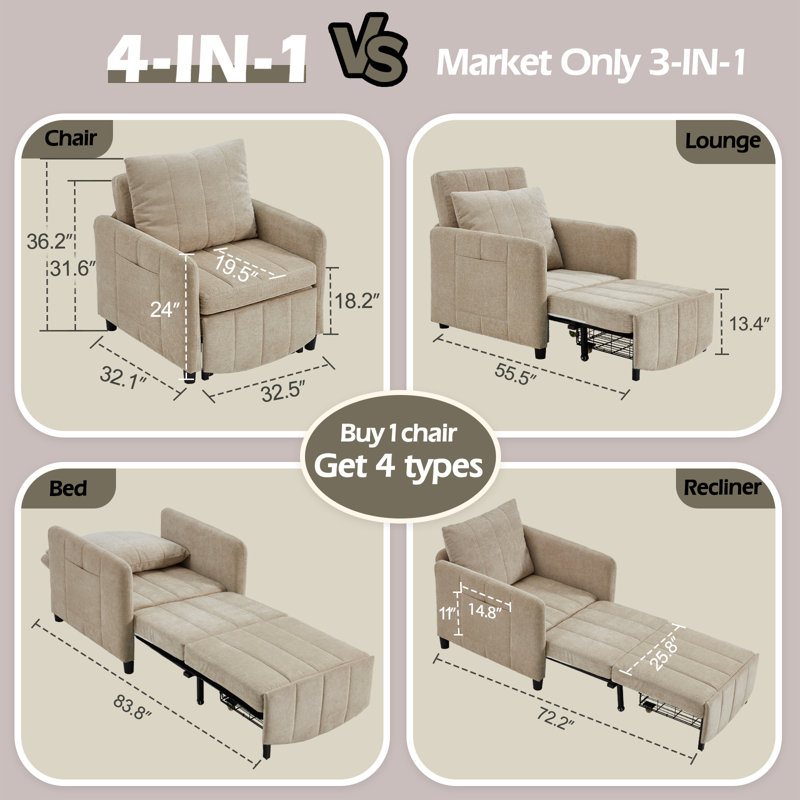 Extra Long Convertible 4 in 1 Sleeper Chair with Pull-Out Mechanism, Light Brown